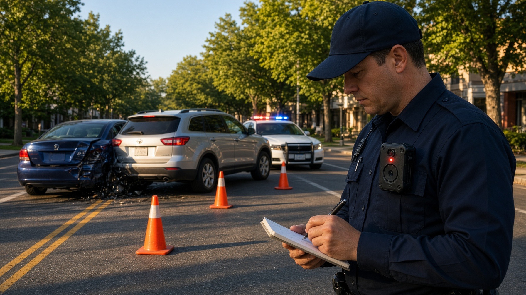 Officer with a body-worn camera at a crash scene