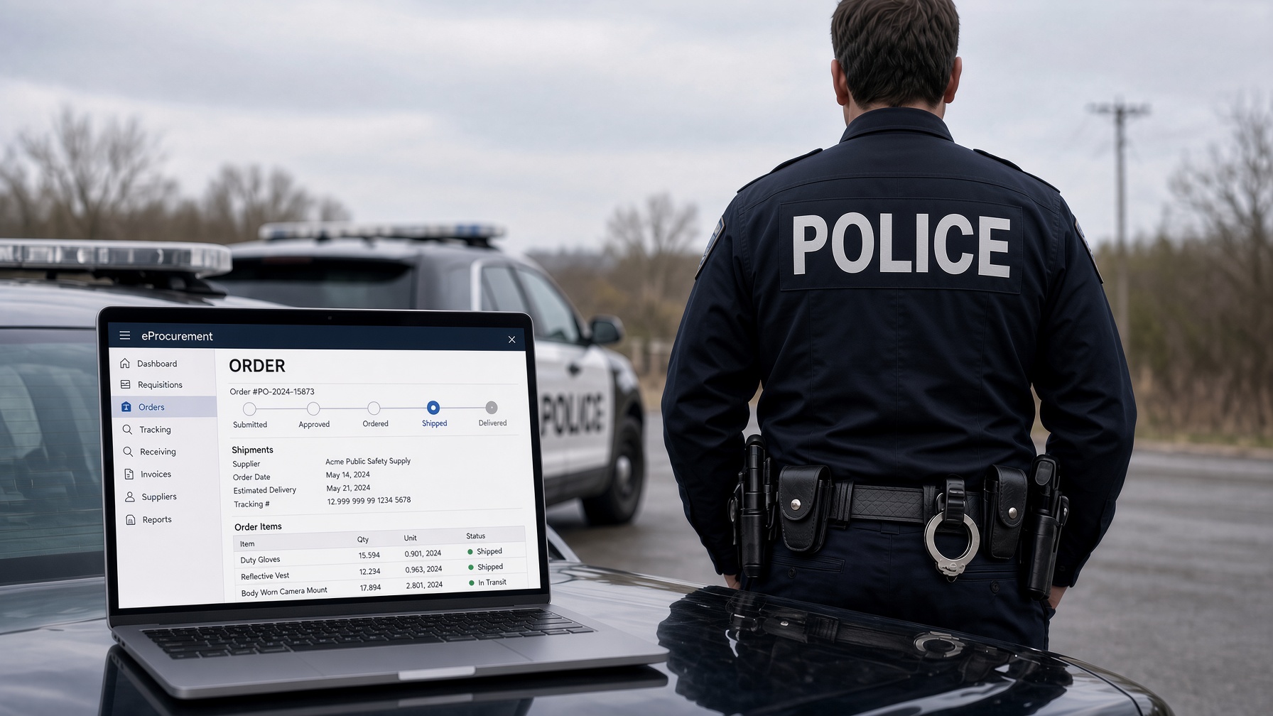 Officer with POLICE on the jacket, laptop showing eProcurement on a cruiser hood