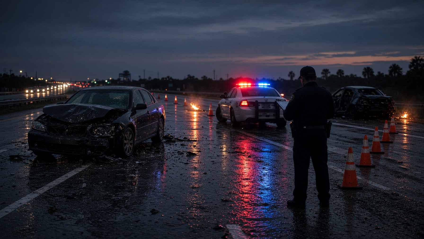Police documenting a multi-vehicle crash at night