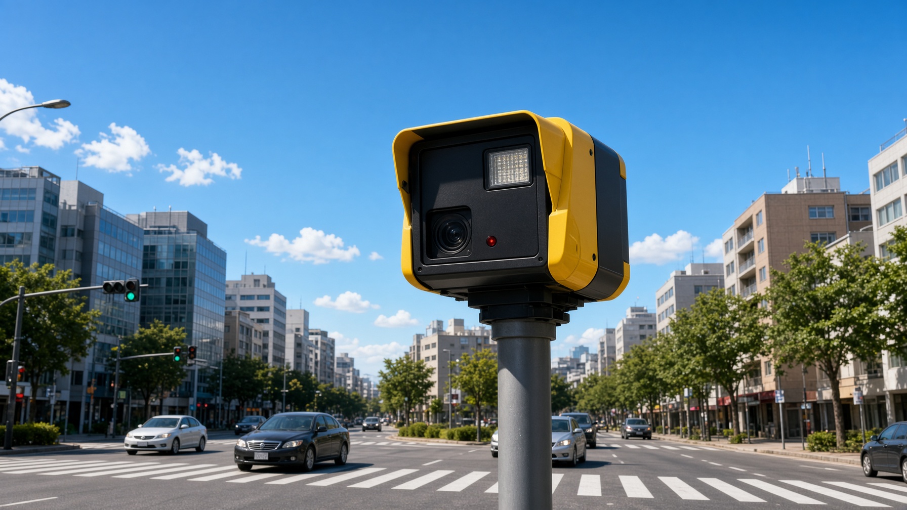 Daylight red-light traffic camera over a city intersection