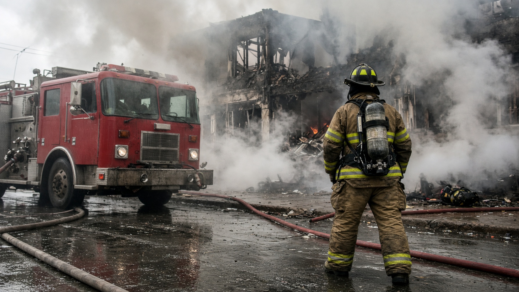 Fire engine and crew at a structural fire