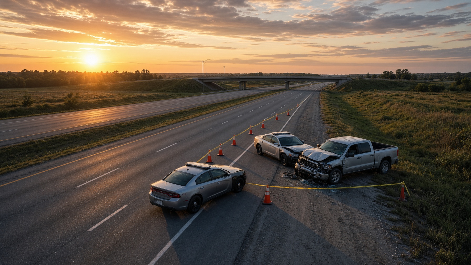 Highway crash investigation with police cruisers and cones
