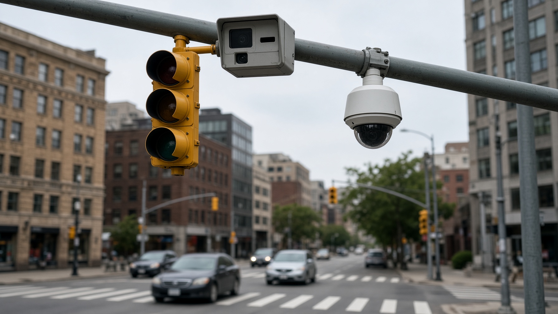Traffic signal and intersection camera over a city street